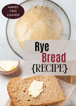 Unbaked rye dough beside cut slices of baked rye bread with a light layer of butter.
