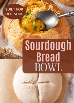 Scored sourdough dough ball resting on parchment, ready for baking into a sturdy bread bowl. Sourdough bread bowl filled with thick soup, spoon resting inside, ready to be served.