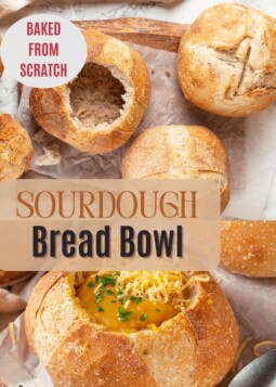 Hollowed sourdough bread bowl with sturdy walls designed to hold thick soups and stews.