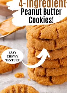 Gluten free peanut butter cookies made with almond flour stacked on a wire rack.