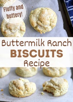 Fluffy buttermilk ranch drop biscuits arranged on parchment.
