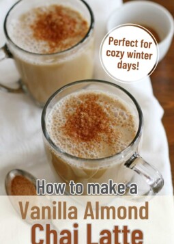 Warm vanilla almond chai lattes topped with cinnamon in glass mugs.