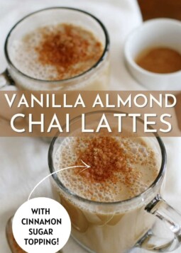 Warm vanilla almond chai lattes topped with cinnamon in glass mugs.