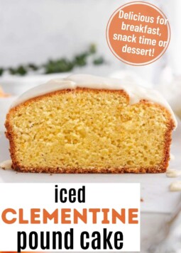 Golden brown clementine pound cake with vanilla icing sliced to show soft and moist crumb.