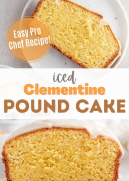 Golden brown clementine pound cake with vanilla icing sliced to show soft and moist crumb.