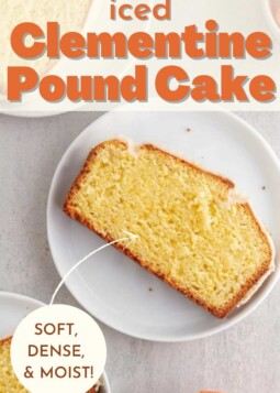 Golden brown clementine pound cake with vanilla icing sliced to show soft and moist crumb.
