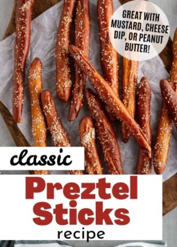 Classic crunchy pretzel rods covered in salt.