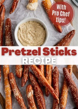 Crunchy homemade pretzel rods covered in salt and dipped in mustard.