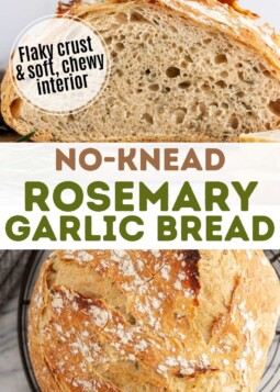 Loaf of rosemary garlic artisan bread with flaky crust cut open showing soft chewy center.