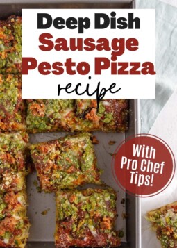 Colorful deep dish pizza with brussel sprouts, mozzarrella, pesto, and sausage, topped with parmesean.
