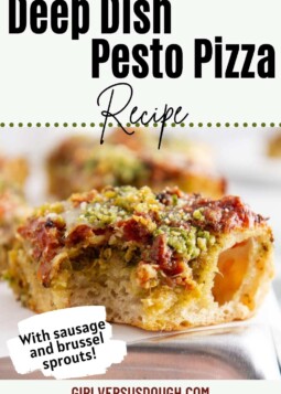 Colorful deep dish pizza with brussel sprouts, mozzarrella, pesto, and sausage, topped with parmesean.