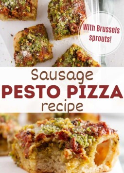 Colorful deep dish pizza with brussel sprouts, mozzarrella, pesto, and sausage, topped with parmesean.