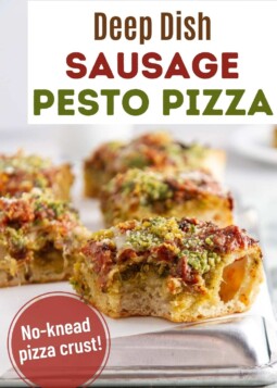 Colorful deep dish pizza with brussel sprouts, mozzarrella, pesto, and sausage, topped with parmesean.