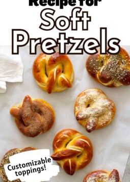 Variety of soft pretzels arranged on parchment with topped with salt, cinnamon sugar, garlic Parmesan, and za’atar sesame.