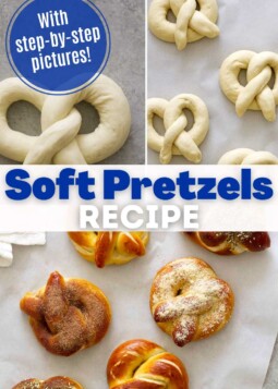 Variety of soft pretzels arranged on parchment with topped with salt, cinnamon sugar, garlic Parmesan, and za’atar sesame.