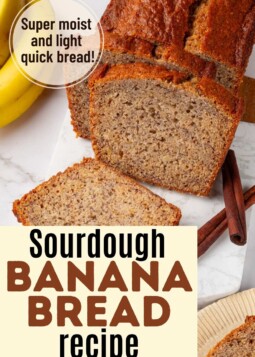 Loaf of sourdough banana bread sliced open to show soft moist crumb.