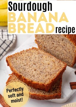 Loaf of sourdough banana bread sliced open to show soft moist crumb.