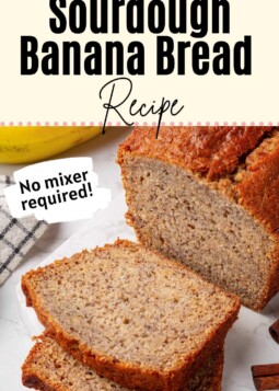 Loaf of sourdough banana bread sliced open to show soft moist crumb.