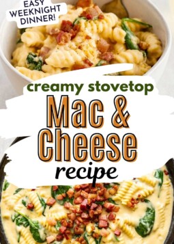 Creamy macaroni and cheese with spinach and crispy pancetta in a cast iron skillet.