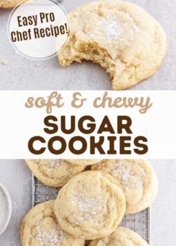 Soft chewy sugar cookies with sparkling sugar topping piled on a wire cooling rack.