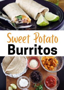 Burritos with sweet potato, rice, black beans, onions, cheese and cilantro on a plate.