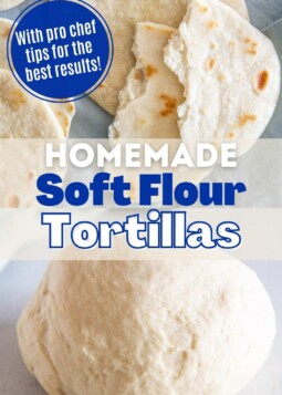 Soft and fluffy homemade flour tortillas, and a ball of dough before cooking.