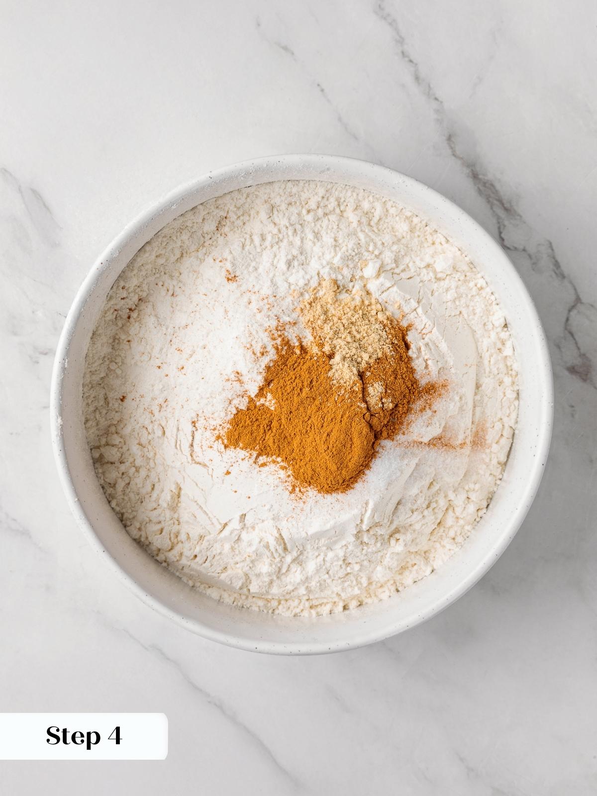 Flour, spices, salt, and leavening whisked together in bowl.