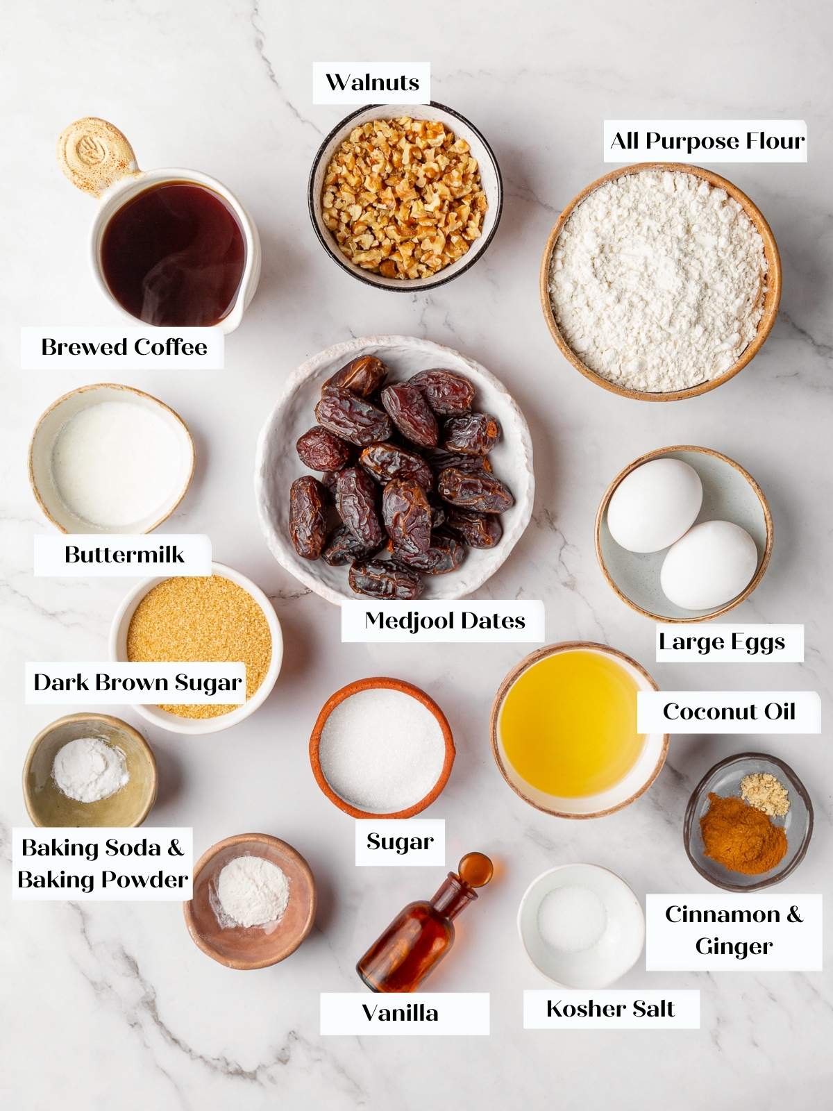Measured date nut bread ingredients arranged on countertop before mixing.