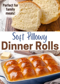 Golden brown dinner rolls in a dish and split open to show soft tender crumb. Text overlay reads perfect for family meals.