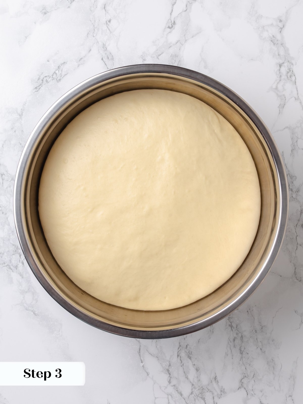 Yeast dough fully risen after first proof, soft and very slightly domed.