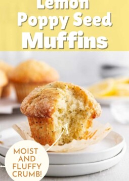 Lemon poppy seed muffin cut open to show soft interior. Text overlay reads moist and fluffy crumb.