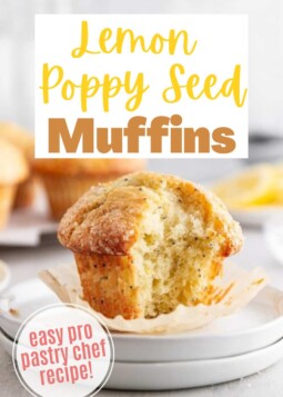 Lemon poppy seed muffin cut open to show moist and fluffy crumb. Text overlay reads easy pro pastry chef recipe.