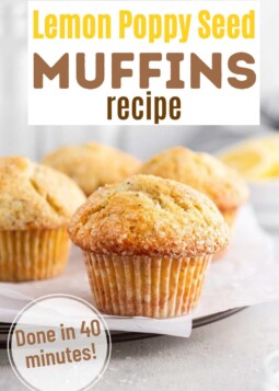 Lemon poppy seed muffin cut open to show moist and fluffy crumb. Text overlay reads done in 40 minutes.