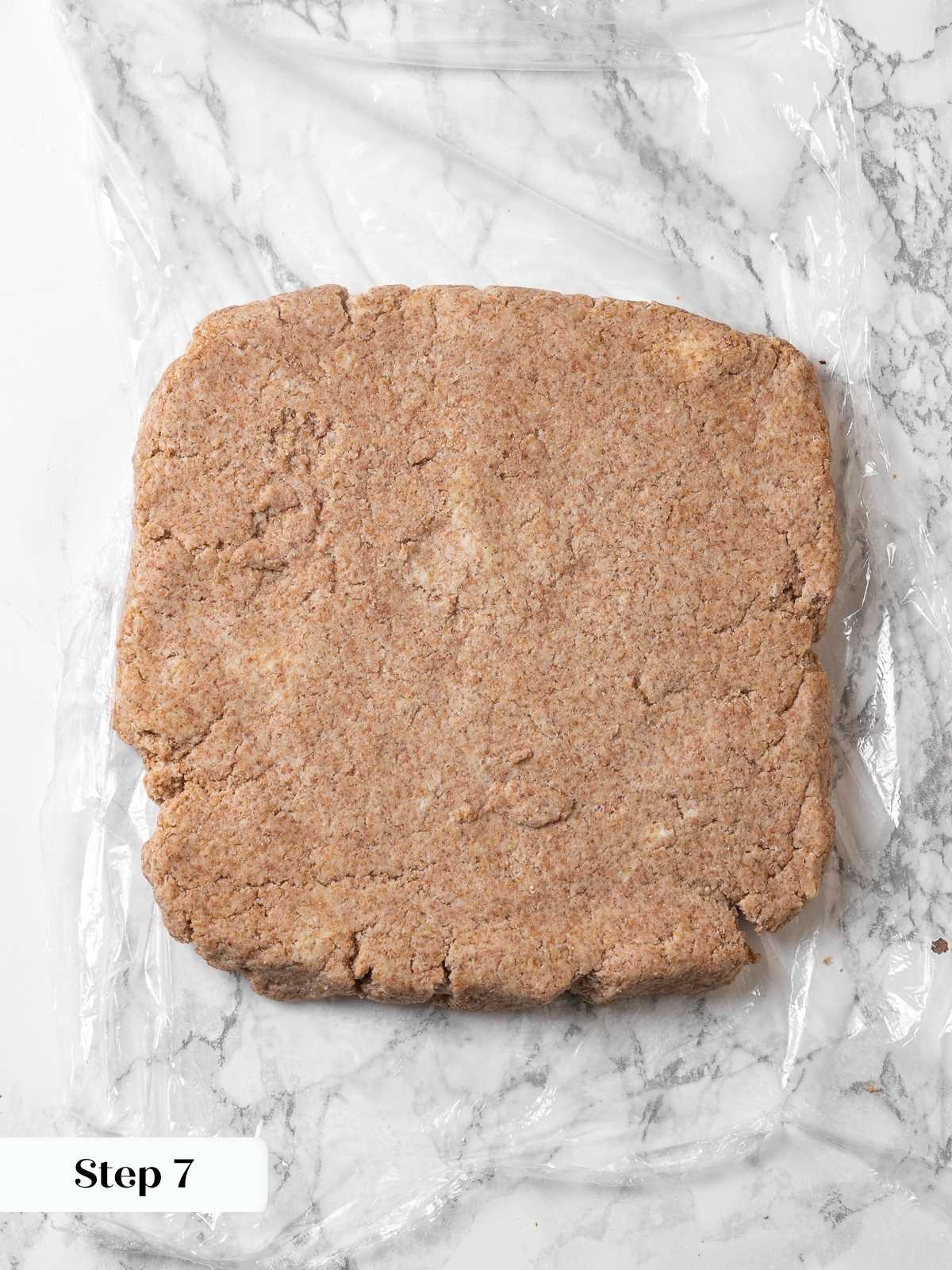 Biscuit dough pressed into square and chilled before cutting.