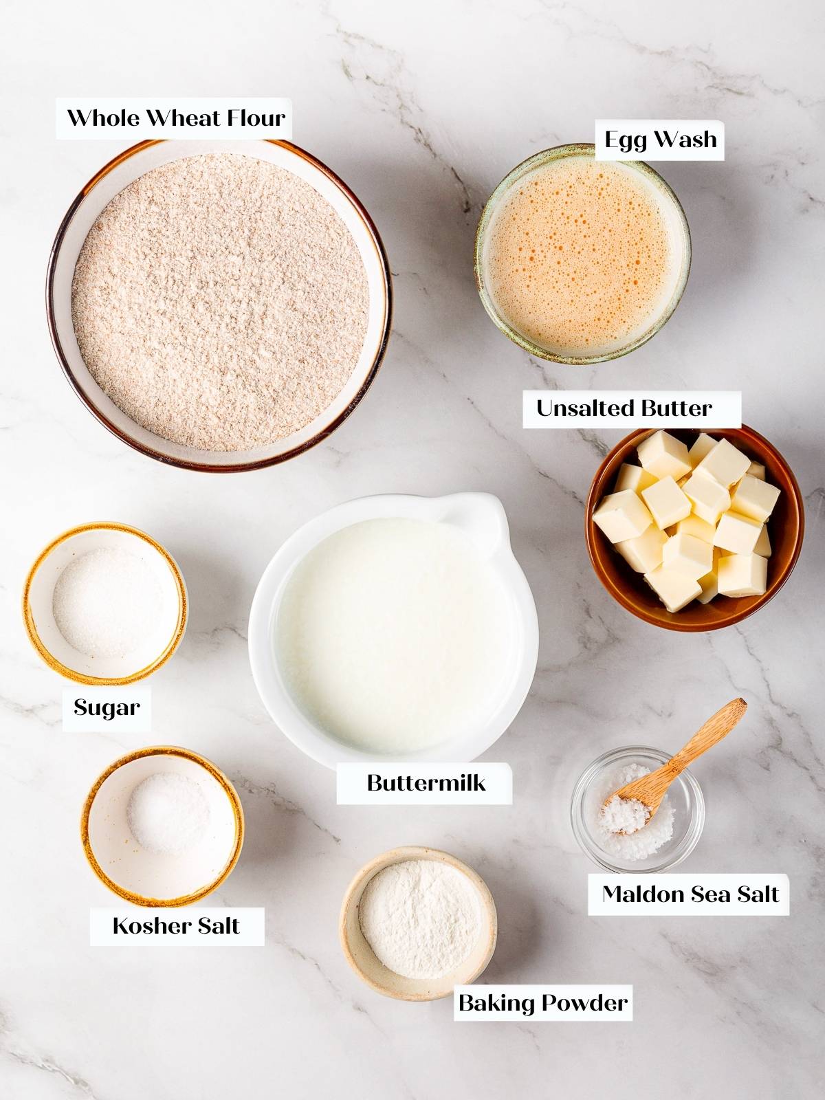 Biscuit ingredients measured and arranged before mixing.