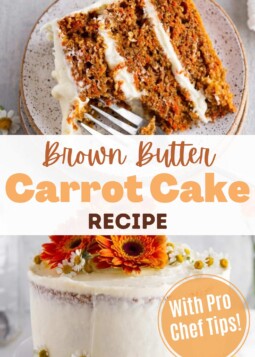 Fork cutting into a soft slice of brown butter carrot cake. Text overlay reads recipe with pro chef tips.