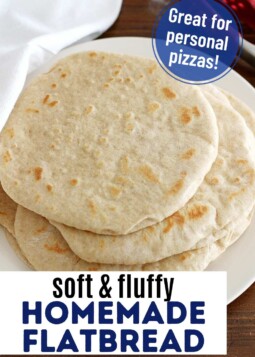 Stack of soft flatbread discs on a plate. Text overlay reads great for personal pizzas.