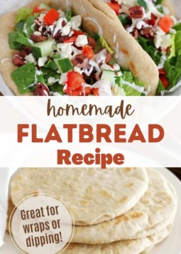 Stack of soft flatbread discs on a plate, and flatbread with cucumber, lettuce, tomatoes, and dressing. Text overlay reads great for wraps or dipping.