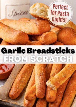 Homemade garlic breadsticks in a bread basket. Text overlay reads perfect for pasta night.