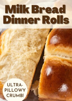 Soft & fluffy milk bread dinner rolls on parchment paper. Text overlay reads ultra-pillowy crumb.