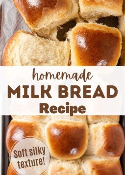 Soft & fluffy milk bread dinner rolls. Text overlay reads soft silky texture.