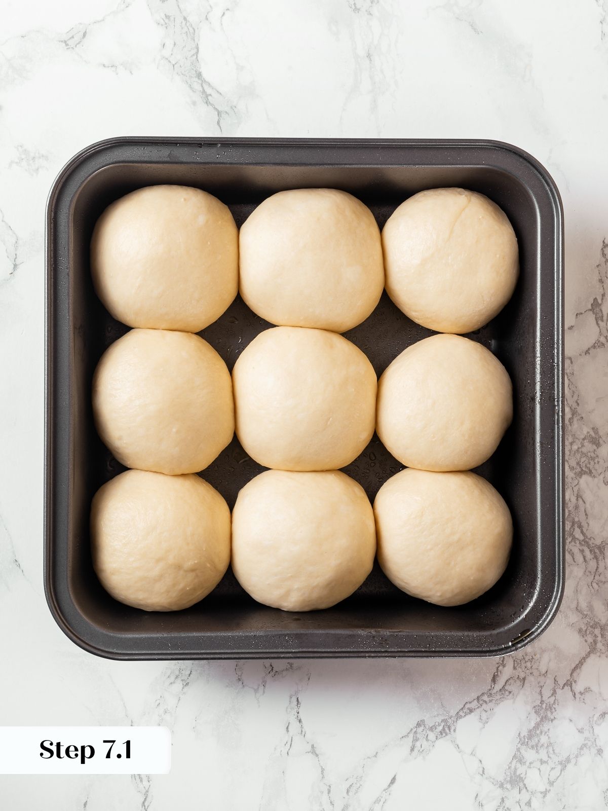 Shaped milk bread rolls arranged in baking dish before final rise.