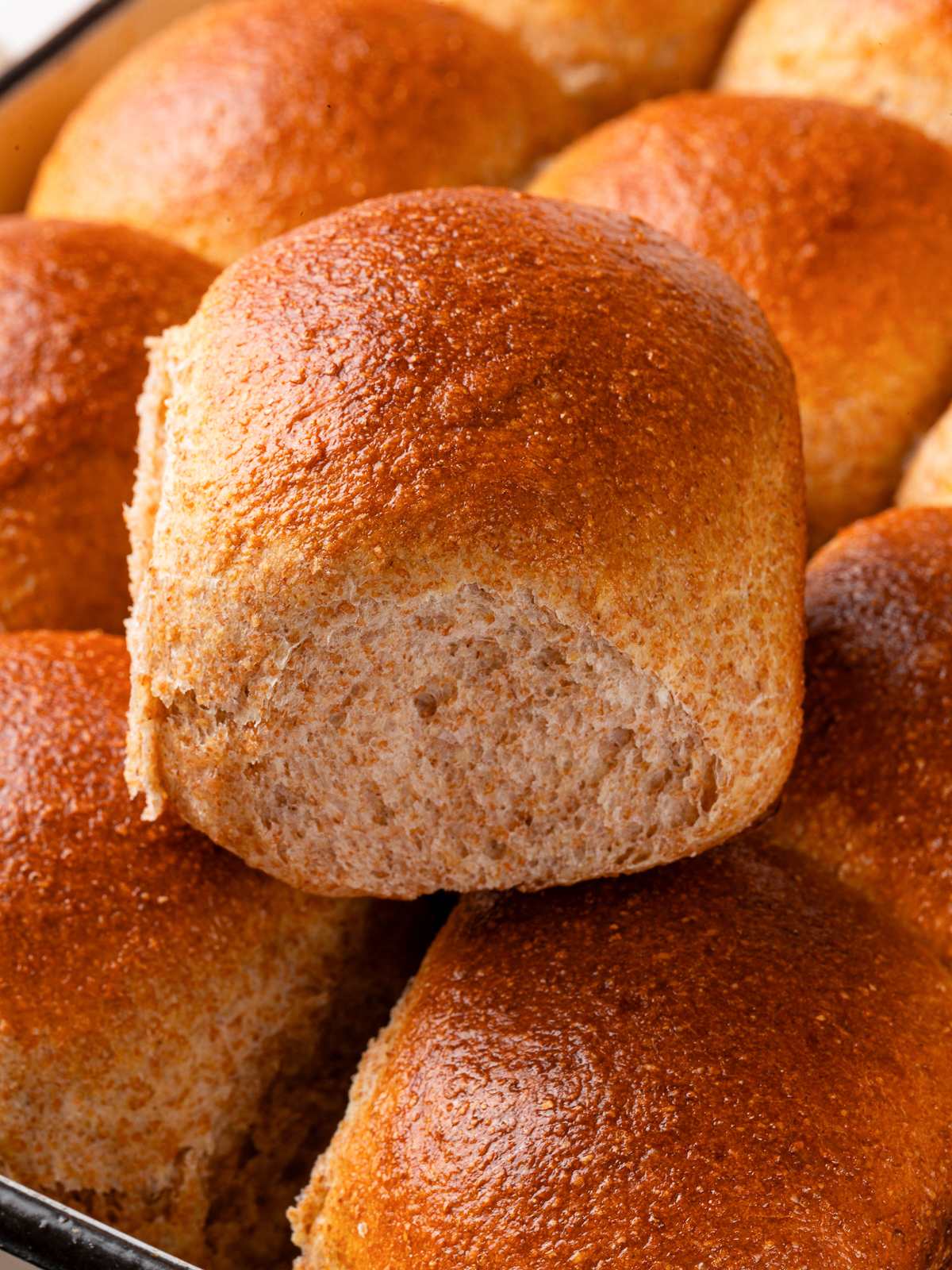 Group of freshly baked whole wheat dinner rolls with golden crusts.