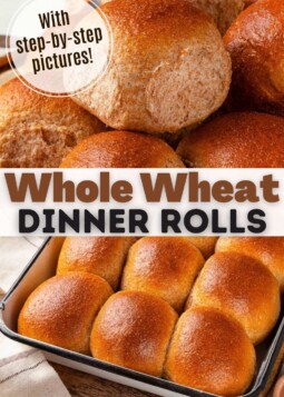 Golden brown whole wheat dinner rolls on a baking sheet. Text overlay reads recipe with step-by-step pictures.