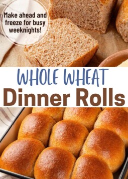Golden brown whole wheat dinner rolls on a baking sheet. Text overlay reads make ahead and freeze for busy weeknights.