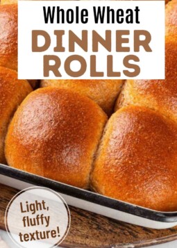 Golden brown whole wheat dinner rolls on a baking sheet. Text overlay reads light, fluffy texture.