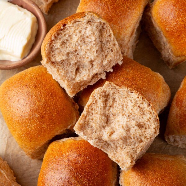 Whole wheat sourdough roll torn open showing stretchy crumb and soft interior layers.