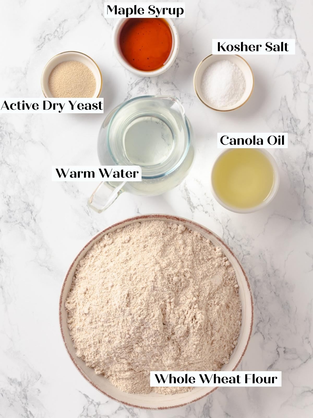 Ingredients arranged on marble for no knead whole wheat bread including flour and yeast.