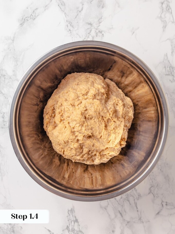 Smooth ball of whole wheat dough gathered in a stainless steel mixing bowl.