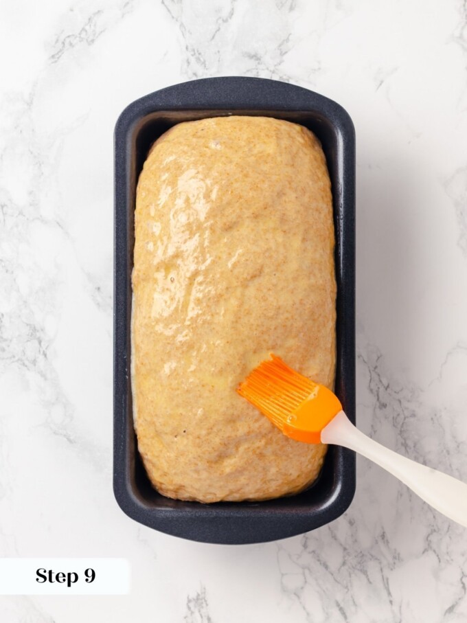 Proofed whole wheat dough getting brushed with shiny egg wash before going in oven.